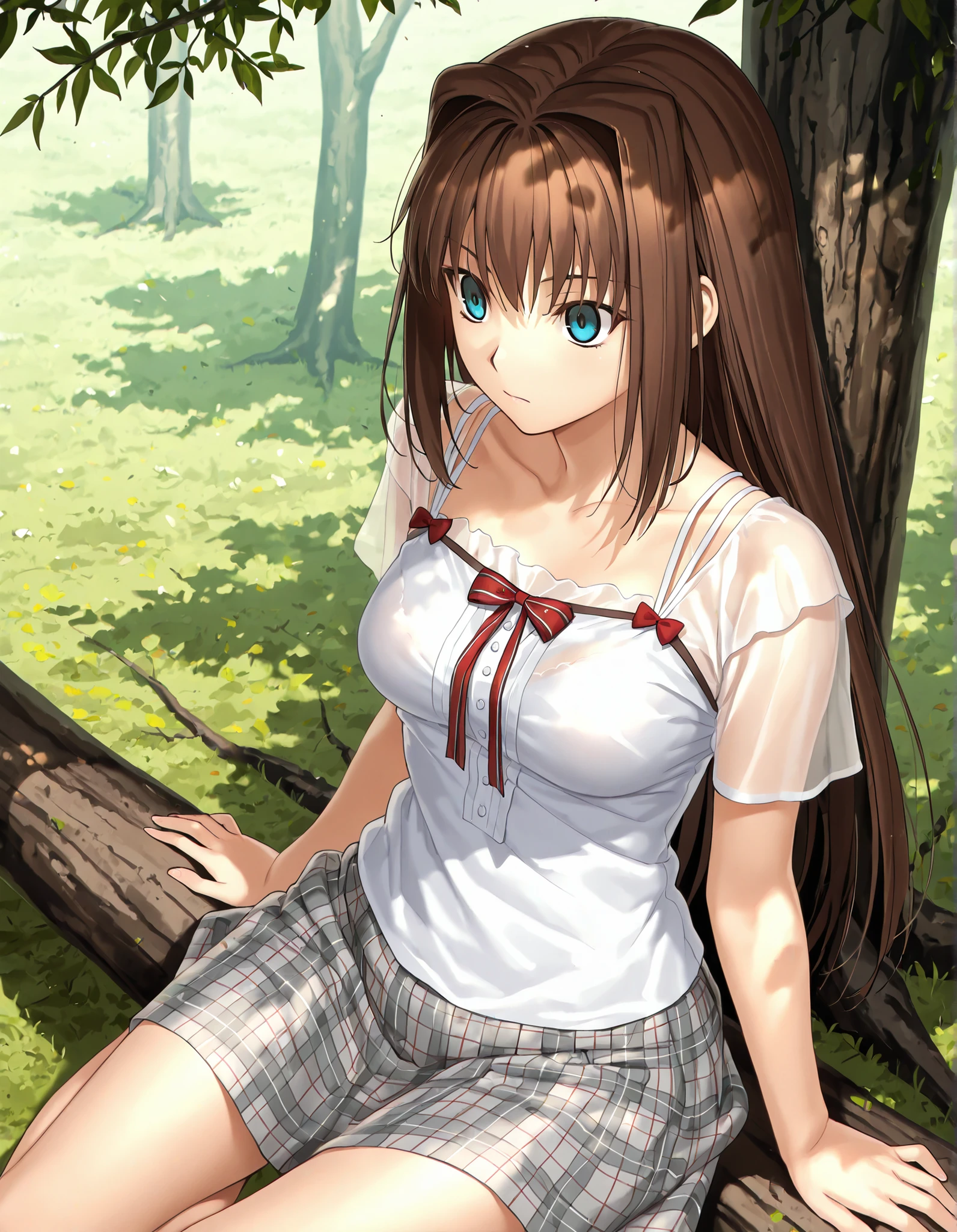 1girl, solo, aozaki aoko, brown hair, long hair, hair intakes, blue eyes, , white shirt, short sleeves, red bow, striped bow, plaid skirt, grey skirt, , cowboy shot, outdoors, tree, from above, yokozuwari, sitting, , see-through, camisole, medium breasts,