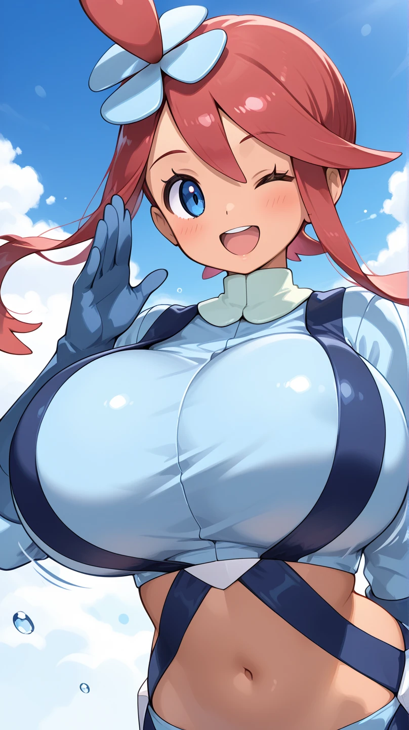 Side view、着衣Big Tits、smile, Grin,Show your breasts to the camera、Face the camera directly、Sweaty cleavage、Press your chest to the viewer、Heavy 、Huge breasts pushing up shirt, (はち切れんばかりのBig Tits:1.8),A girl covering a man、Taunt、Raise your eyebrows、Lift the corners of your mouth、Grinning with teeth showing、Angry face、breast enhancement、Front view、Big Tits、Scylla, Pokemon, 1 girl, alone, Watching the audience, smile, Redhead, (tan:1.1), Side Lock, hair ornaments, blush, blue eyes, Large Breasts, belly button, Wide Hips, Thick thighs, abdomen, Crop top, Short shorts, turtleneck, Blue shorts, Blue gloves,
