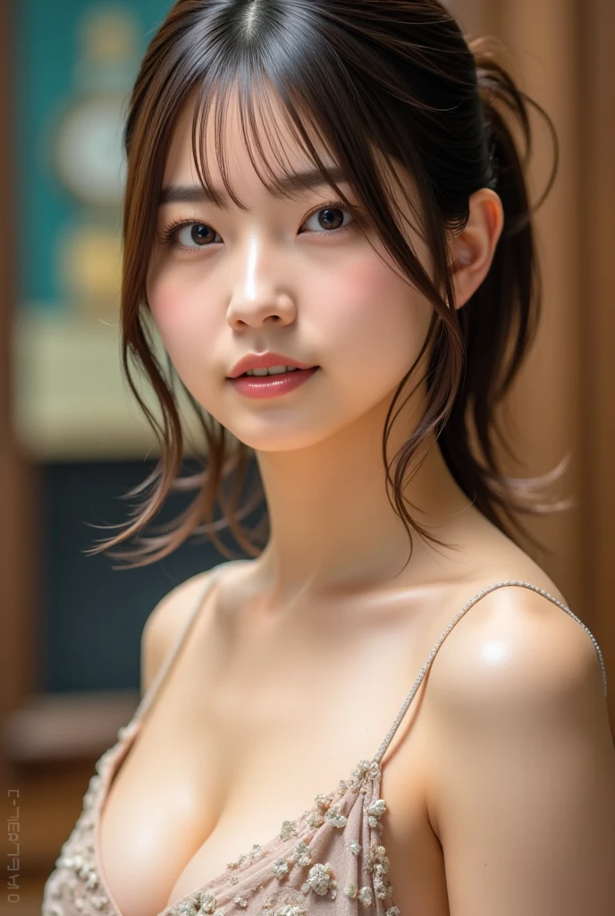 Night, Raw photography, (((Very beautiful portrait))), (Very beautiful portrait))), 1 girl, Sexy 25 year old girl, ((Short-cut natural brown hair)), [Brown eyes],Gentle smile staring at the camera(cleavage), ((masutepiece, Best Quality, Ultra Detail,...