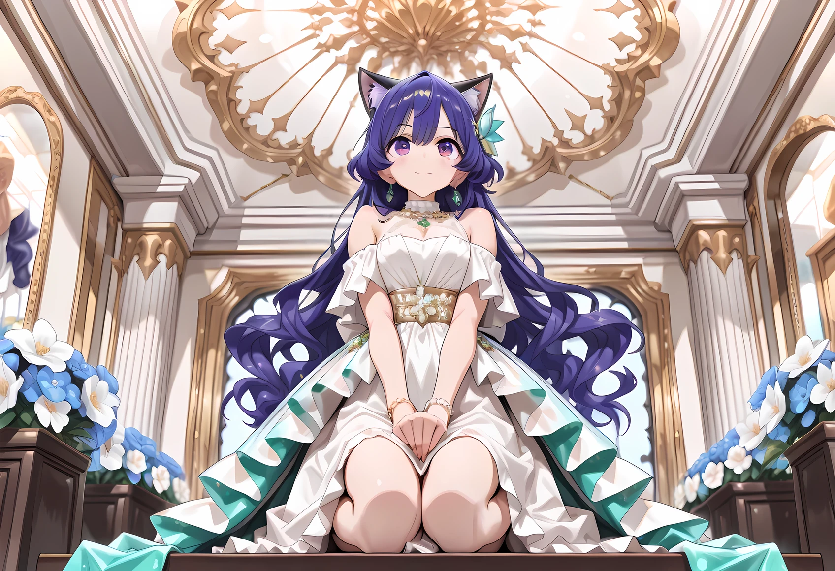 ((best quality)), ((masterpiece)), (detailed), perfect face, ((Best quality, 8k, Masterpiece: 1.3)), Sharp focus A beautiful woman with perfect body, Slim abdomen, high detailed eyes, perfect face, gorgeous, dazzling, elegant, showy, Blooming flowers, twinkling stars, Low angle, cat ears, Expensive dress, Noble clothing, jewels (emeralds, diamonds, sapphires), Curly Hair, kneeling, she open her arms wide as if welcoming someone.