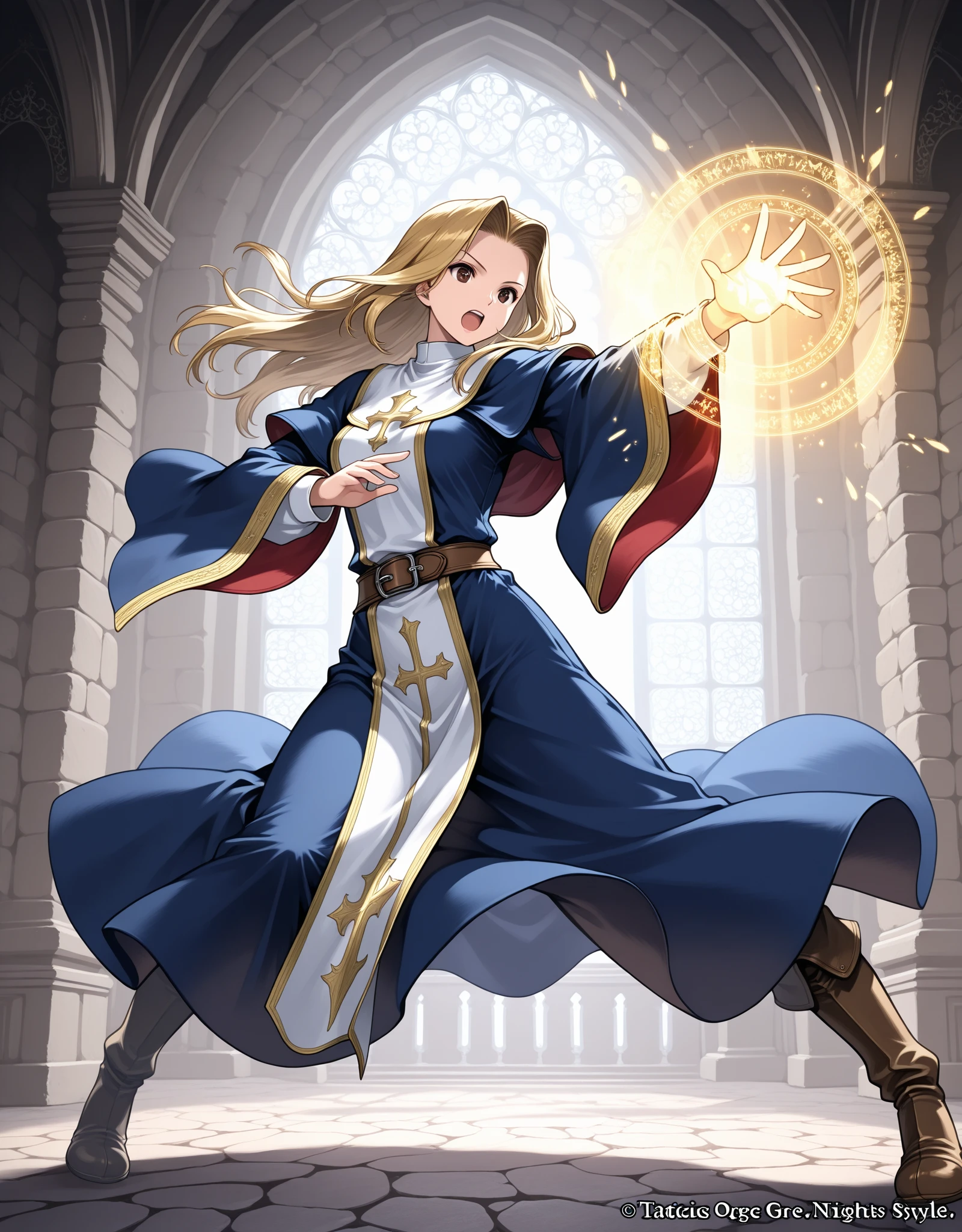 Tactics Ogre style,Medieval Fantasy Style、golden hair, priest,female wizard,frame magic,in a dynamic pose、nostalgia,『Sleepless nights』