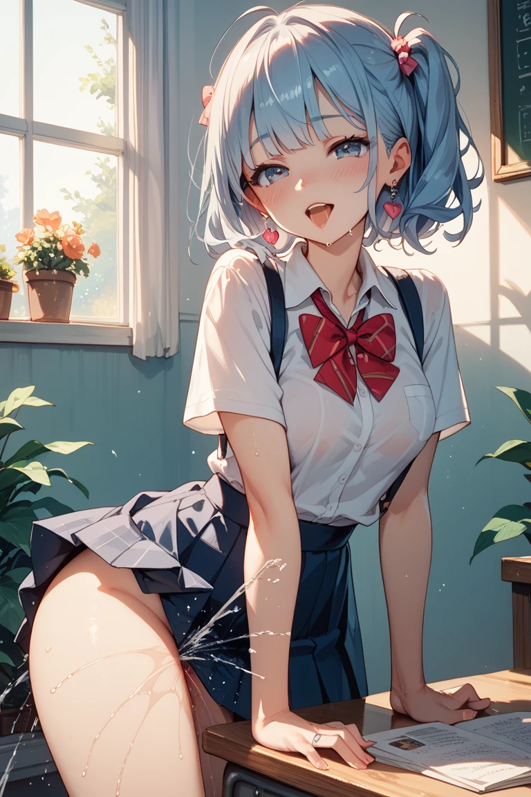 (Masterpiece, Slim Body, Delicate Fingers: 1.2), Best Quality, (Illustration: 1.2), (Hyper Detail), Eye Focus, Ultra Detail, (Fine Detail), (Intricate Detail), HDR, (Ultra Detail: 1.15), (Soft Light: 1.2), 1girl, ((School_uniform), (sailor_suit), (short_blue_pleated_skirt), (white_pantyhose:1.2) long sleeve shirt, (White hair and blue highlights),cyan eyes, medium, short hair, solo, (medium breasts:1.2), masterpiece, (blushing:1.3), best quality, highly detailed, fullbody image, kwaii, (crotch rub:1.5), (table humping:1.5), (table masturbation:1.5), (panting:1.2), (blushing:1.3), (moaning:1.5), (pussy juice:1.5), (wet pussy:1.5), (table:1.5), lifting, (perfect hands, perfect anatomy),