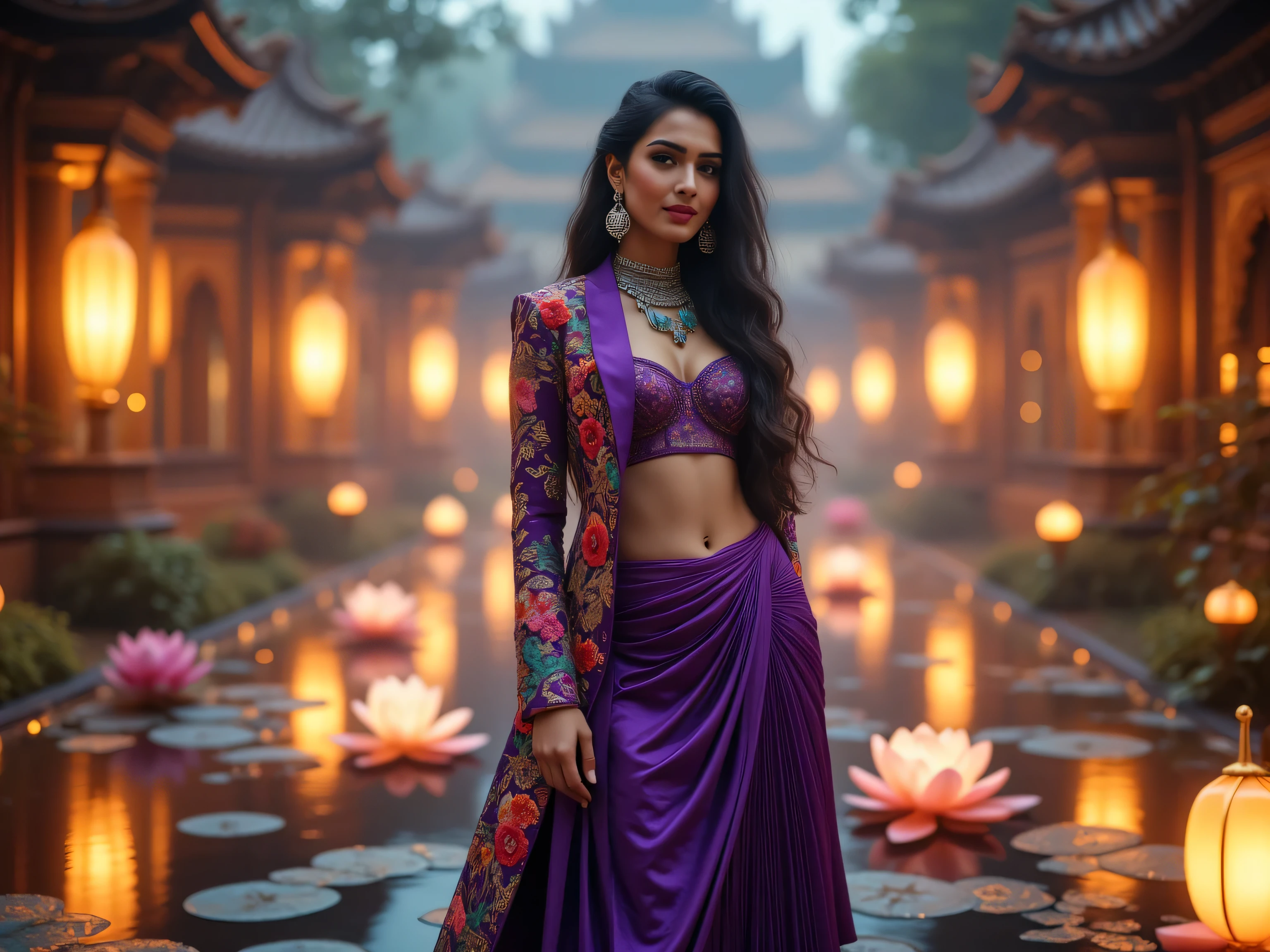 A highly detailed, cinematic, photorealistic portrait of an elegant Indian woman standing in a surreal, artistically lit background that blends tradition and futurism — a glowing palace garden at twilight with luminous lotus ponds and softly cascading digital lanterns. She wears a stunning Indo-western fusion outfit: a deep royal purple sari-inspired draped skirt with structured pleats, paired with a sharply tailored blazer featuring intricate hand-embroidered floral and foliage motifs in vivid reds, greens, and blues. Underneath, a minimal, matching crop top accentuates her natural silhouette. Her pose is graceful yet sensual — one hand resting lightly on her waist, her back slightly arched, and her head turned with a soft, confident smile. Her long, voluminous wavy hair is styled in a half-up braid with loose curls cascading around her shoulders. She wears ornate silver jhumka earrings and a layered tassel necklace with jade-green silk threads, adding a touch of regal sophistication. The lighting is soft and cinematic with golden hour tones, highlighting the texture of the fabric and casting delicate shadows. The background features dreamy haze, glowing ambient flora, and subtle sparkles, creating a visually enchanting, high-fashion lookbook feel with an ethereal, futuristic twist. Perfect for editorial and high-art generation.