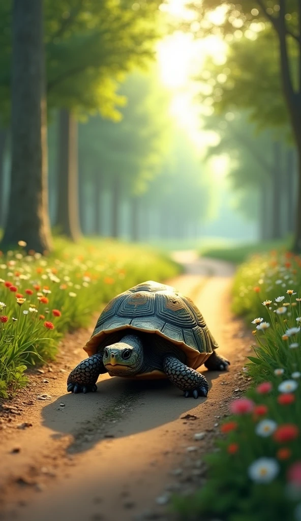 A turtle is slowly walking along a beautiful road, surrounded by nature