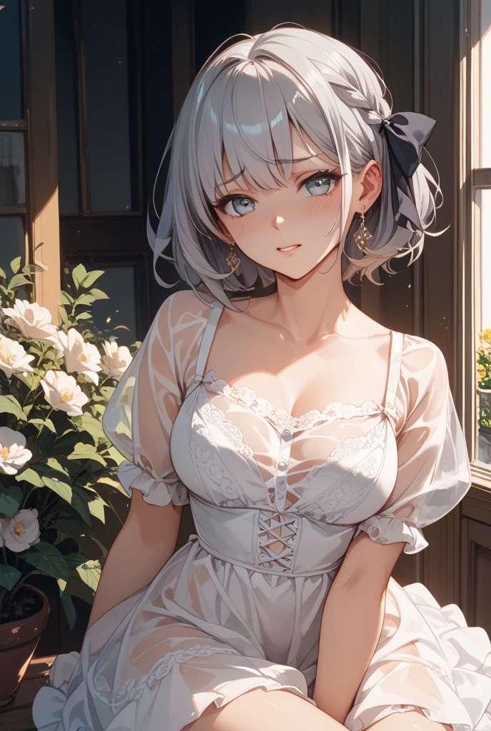 NSFW, ((((masterpiece, highest quality, High resolution)))), 1 girl, gray hair, purple eyes, wavy short hair, (big breasts: 1.2), blush, light smile, parted lips, shine, thighs, bare shoulders, clavicle, tight waist, cleavage, (beautiful and detailed face, detailed and beautiful eyes), long slender thighs, perfect eyes, (Maid clothes, maid apron, maid headband), (sunbeam, sunlight, Rose, Wind, Cafe),