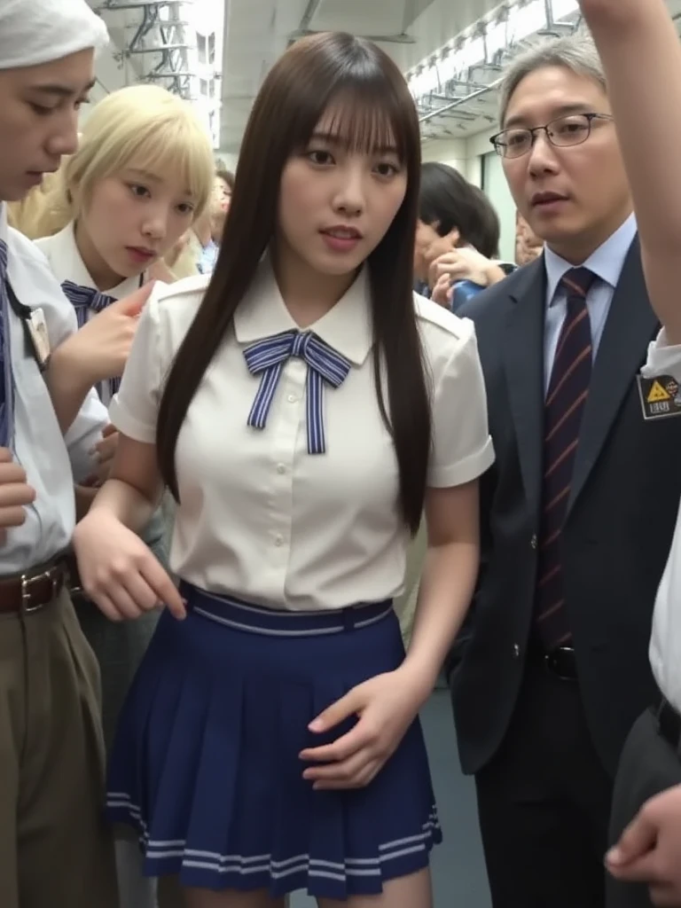 Japanese women、22 years old、One woman and one middle-aged man、Interior of a car、Sit in the passenger seat、((Middle-aged man robs woman of her breasts:1.6))、Front view、(small乳輪:1.5)、(small胸:1.2)、(bangs)、(small), (masterpiece, Highest quality), ((Looking into the camera)),(((I can see your chest))),(Nipples are visible), whole body、I can see your thighs、(((Light brown hair))),Correct number of arms、White dress shirt、(school uniform)、White shirt、((Black pleated skirt))、A bow tie、Front view