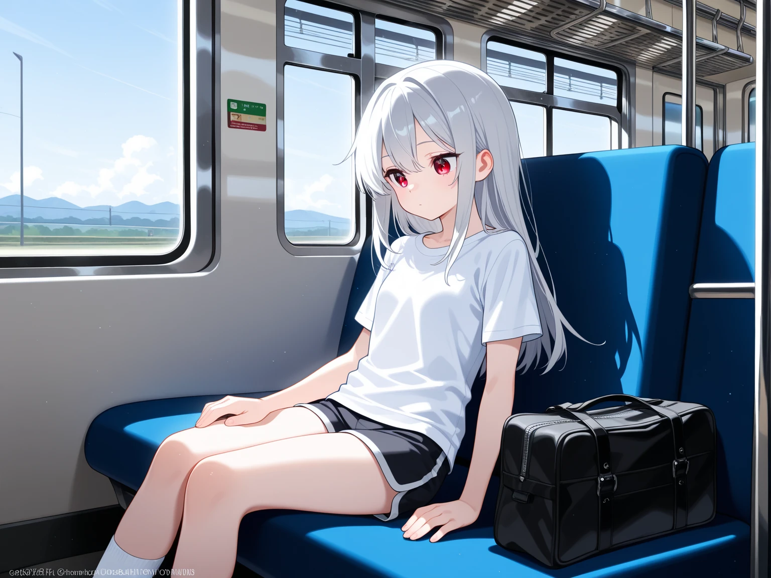 Resolution full, best quality, masterpiece, 8K, cinematic lighting, best photography, full HD, very sharpener, best art, very accurate, depth of field, beautifull girl, waifu, very accurate, beautifull girl, super detailed, 1girl, solo, long hair, ahoge hair, Her hair is messy and falls over her shoulders, silver hair, blue inner hair, black hair clip, detailed beautiful cyan eyes. grey T - shirt oversized, tears, crying, wound, dirty, (torn t-shirts, holey t-shirts, inside a destroyed train, girl sitting on a train seat, broken train window, train full of plants, overgrown train, destroyed train, post apocalypse, daytime, particle bokeh, sunlight), (Tired, tired expression), Depth of field.