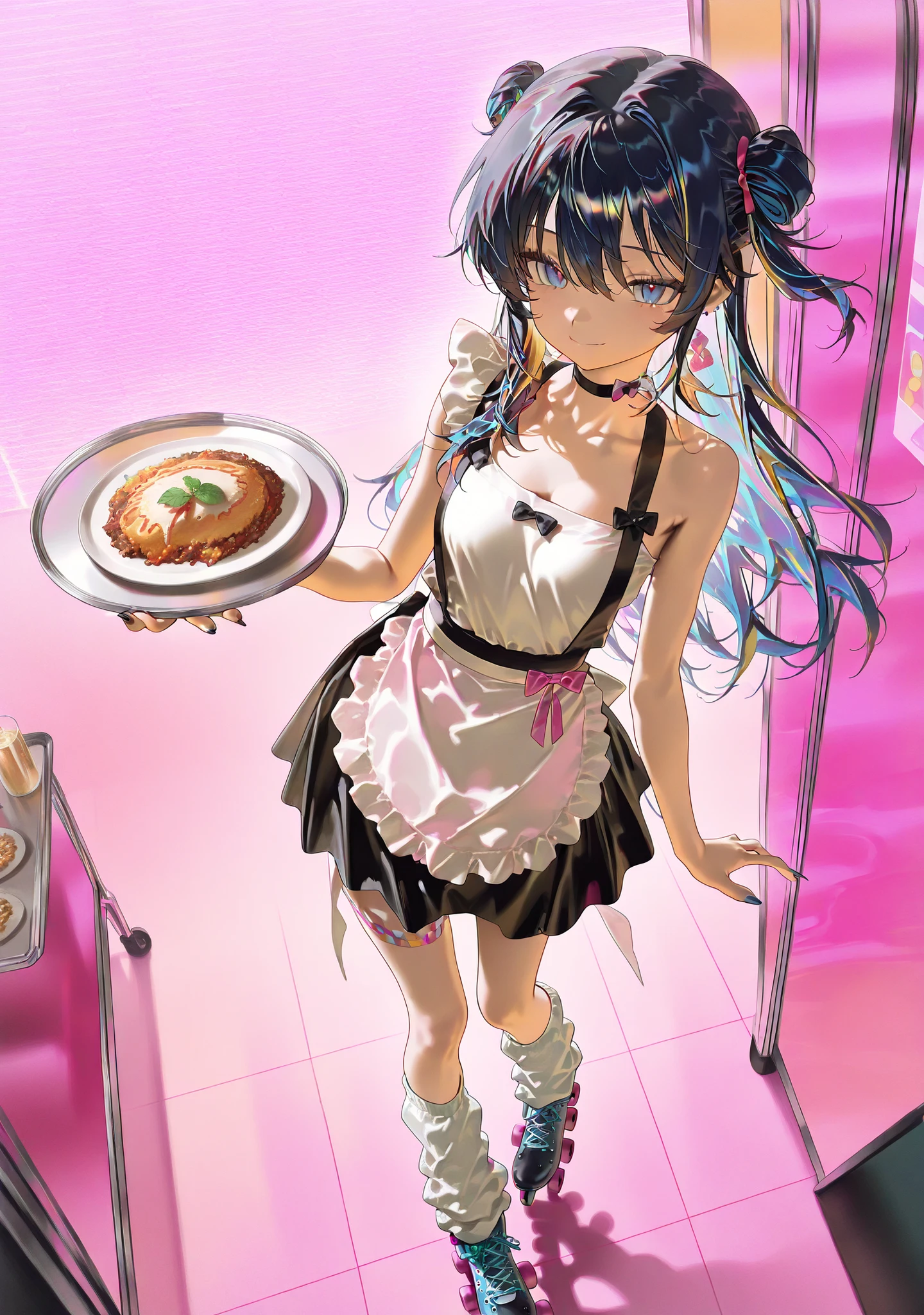 masterpiece,Highest Quality , newest , safe, beautiful woman in silya room 、Diner、colorful、roller skates、retro colors、long hair、dark blue hair、multiple hair colors、loose socks、gal、Long Nails、Medium chest、full body、Complex pose、viewed from above、Overlooking、 pop、Waiter、Carrying meals、 holding a tray、sideways、