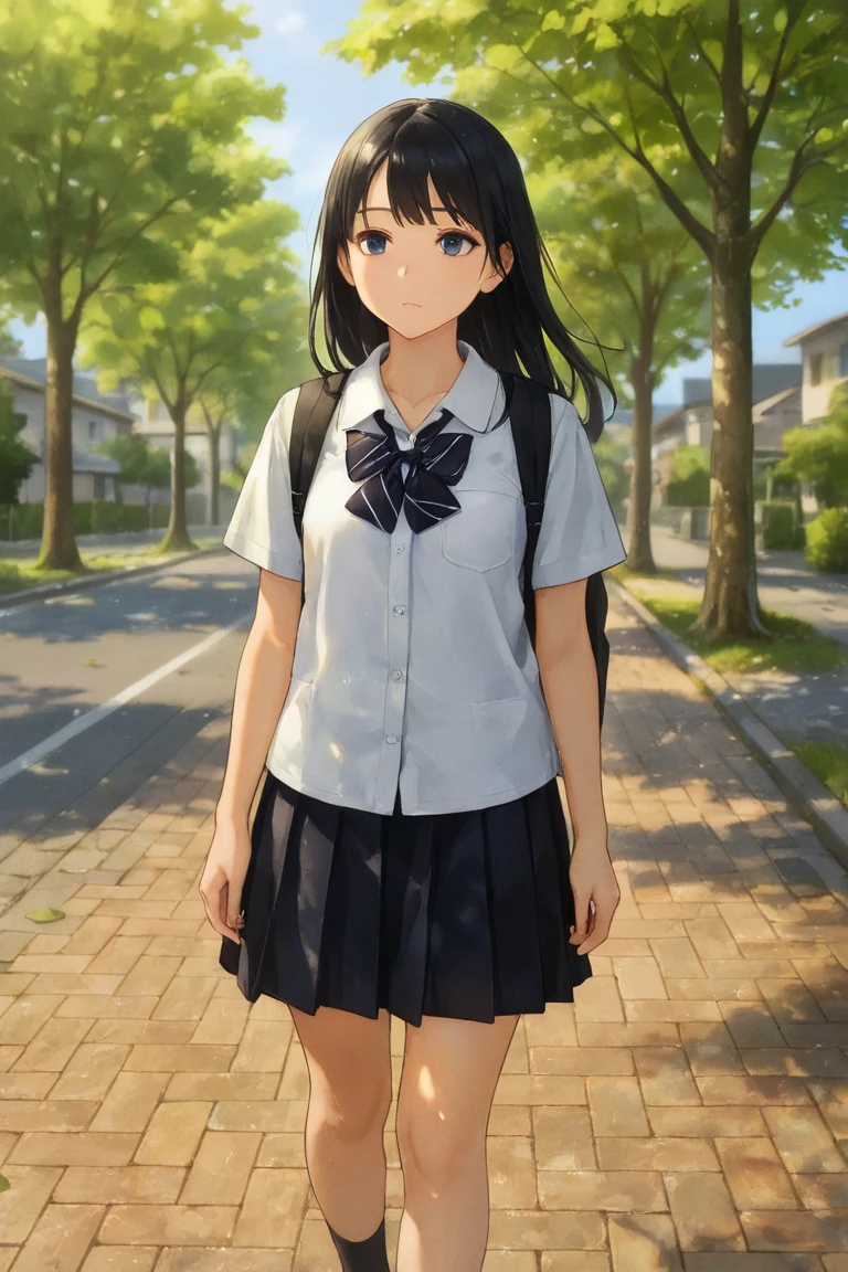 girl, student, 15 years old, Wear a uniform, Light blue skirt, Long skirt, small bow, small bow, garden, nature, nature garden, anime, anime movie、Big Breasts、Long black hair
