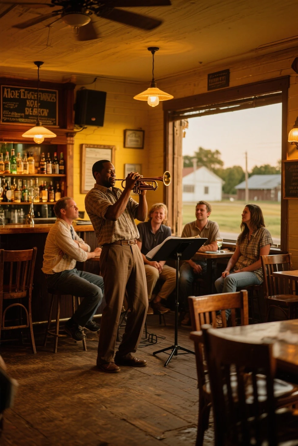 bar on the outskirts of a rural town、jazzman、 quartet、Indiscreet customer、