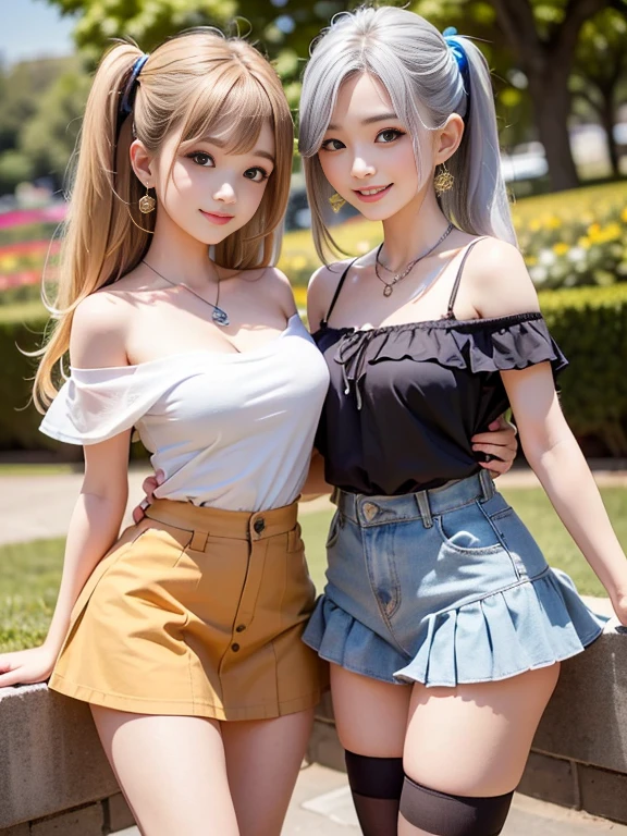 (Characters: Girl1, Girl2), Girl1: (Blonde Hair), Ponytail, Blue Eyes, Very Large Breasts, Blue Skirt, Blue Halter Top, Girl2: (Dark Brown Hair), Long Hair, Blue Eyes, Very Large Breasts, White Pants, Pink Off Shoulder Top, (Girl1 Kissing Girl2), in outdoor Market, selfie, smiling