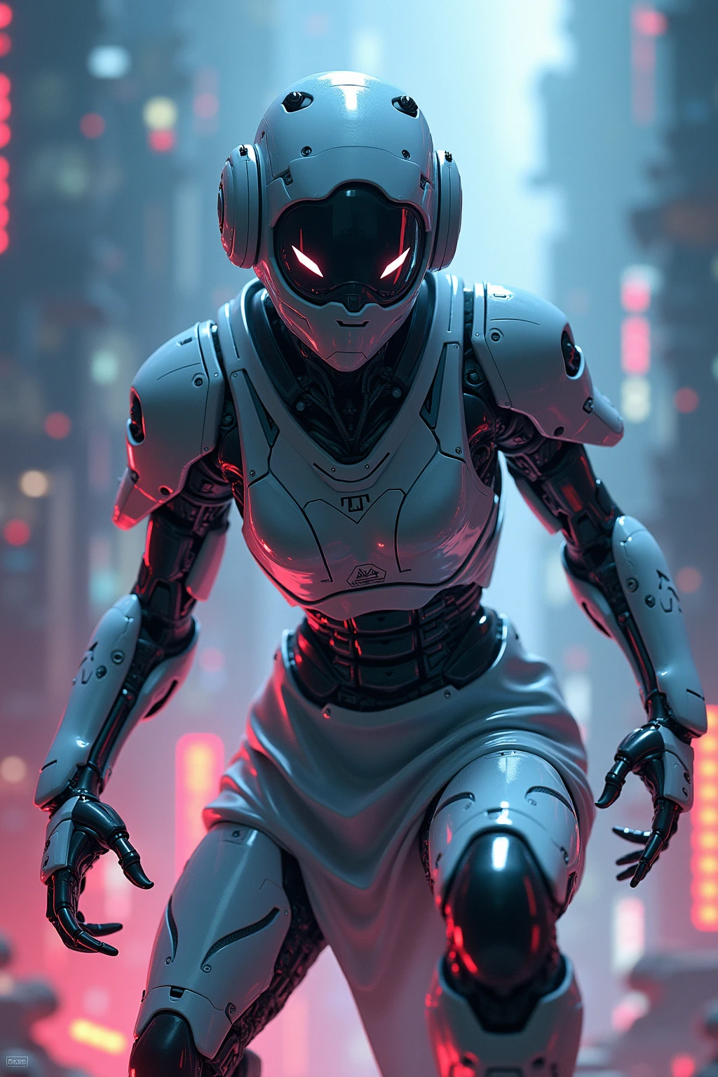 (best quality), future, 1girl, solo, miko motif exoskeleton suit, led, gas mask, holding blade, machinery, digital engraving, ultra highres, absurdres, deep glow effect, hdr, light particles, cinematic lighting, depth of field
