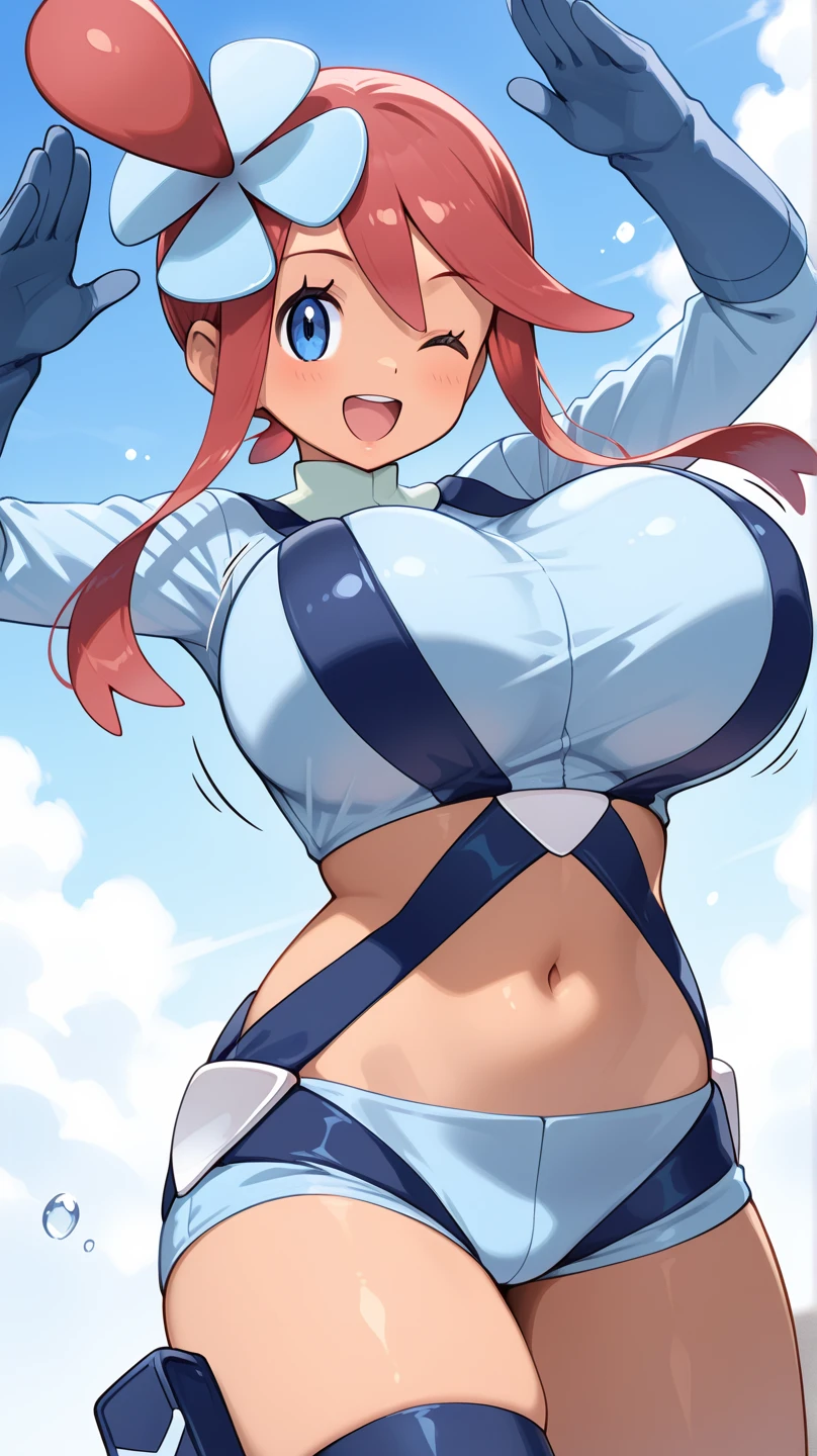 (masterpiece, Highest quality:1.2) Scylla, Pokemon, One girl, alone, View your viewers, smile, Redhead, (Sunburn:1.1), Side Lock, hair ornaments, blush, blue eyes, (Large Breasts:1.4), belly button, Wide Hips, Thick thighs, abdomen, Crop top, Short shorts, turtleneck, Blue shorts, Blue gloves, salute, blue sky, cloud , (BARE BREAST:1.4)