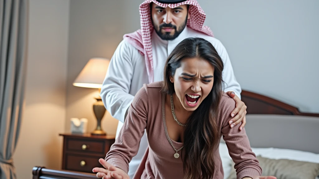 Muslim couple fighting, fingering each other smoke and fire background