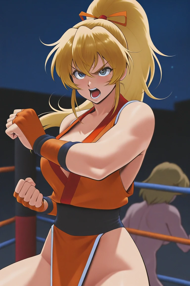 Detailed image, detailed face, anime style, Lioness Girl, dark skin, lioness ears, Tail of a lioness, Beautiful face, average height, toned body, long blonde hairstyle, in an attractive dark orange boxing suit, in black boxing gloves, standing in a boxing ring in a tavern, fantasy, Middle Ages