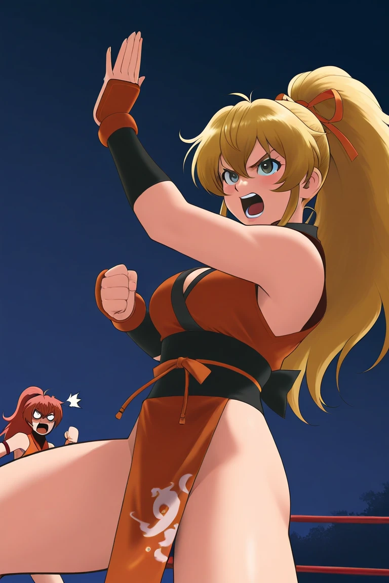 masterpiece, high quality, megamanroll, 1girl, solo, green eyes, blonde hair, ponytail, ribbon, open mouth, boots,giant breasts,cute smile,red bikini ,underboobs