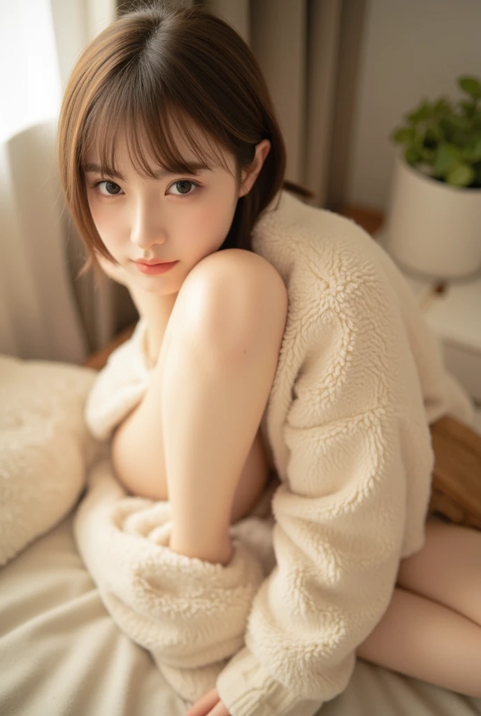 nsfw, 8K raw photo, Best quality, masterpiece, ultra high res, film grain, filmg, 1girl, looking at viewer, natural skin texture, realistic eye and face details, full lips, lipstick, (makeup), red eyeshadow, fluffy short hair, messy hair, smile, close mouth, beautiful legs, tall female, skinny, slim_legs, solo, enormous breast, cleavage, Pose with buttocks facing you, ultra short skirt, ass, shirt, beautiful nature location, around flower location, (detailed background), plaid skirt, white shirt, enormous breast, cleavage, Show a little cleavage through the shirt, loafers, blurry background, blurry, holding, plaid, short sleeves, jk ribbon on the neck, jk ribbon, brown hair, bracelet, water, bangs, school uniform, jewelry, parted lips, lips, from side, pleated skirt, depth of field