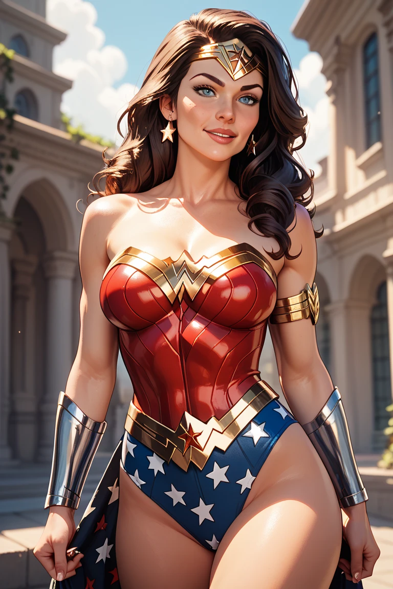 PhotoRealistic Art Style, Natural Beauty, Masterpiece, Full Body View Visible, Hailee Steinfeld, Perfectly Accurate Face Proportion,Realistic Light Hazel Brown Eyes, Thick Eyebrows, Brown hair, slim toned Thighs, tight ass, perky round breast , slim athletic body type, perfect body type, seductive smile, wonder woman