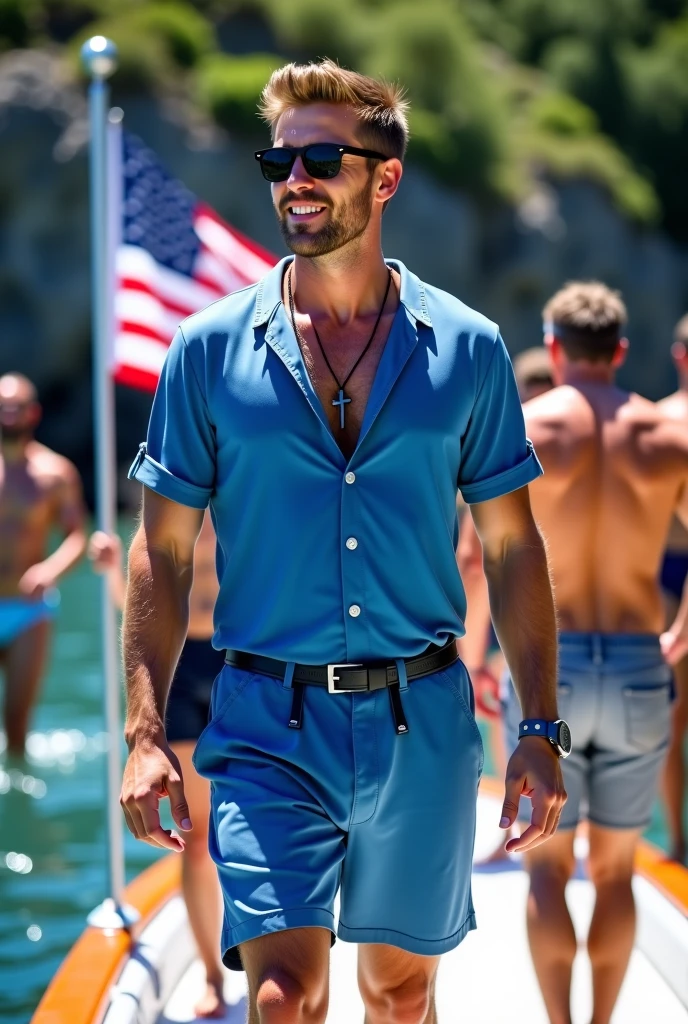 full body official art summer pool young 20yo male, slim. detailed face, smooth features, dyed hair, miami, poolside, smooth twink, sunglasses, intricate details
