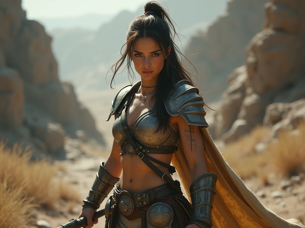 • The woman must be portrayed in a pose of determination, with a serious, focused facial expression.
• He must be dressed in attire that suggests a warrior figure, such as light armor or clothing that denotes preparation for battle.
• Firmly hold a shield in one hand and a spear in the other, posicionado defensivamente.
• In the background, uma paisagem que sugira uma cena de confronto, with nuances of light that highlight the tension of the moment.
• The image must convey the idea of struggle, protection and trust in divine intervention.
• Make sure the image has high definition and vivid detail to convey the intensity of the scene.
• Use colors and shadows to create a dramatic and impactful atmosphere.
• Prioritize the representation of man’s determination and faith, as well as the feeling of facing challenges.