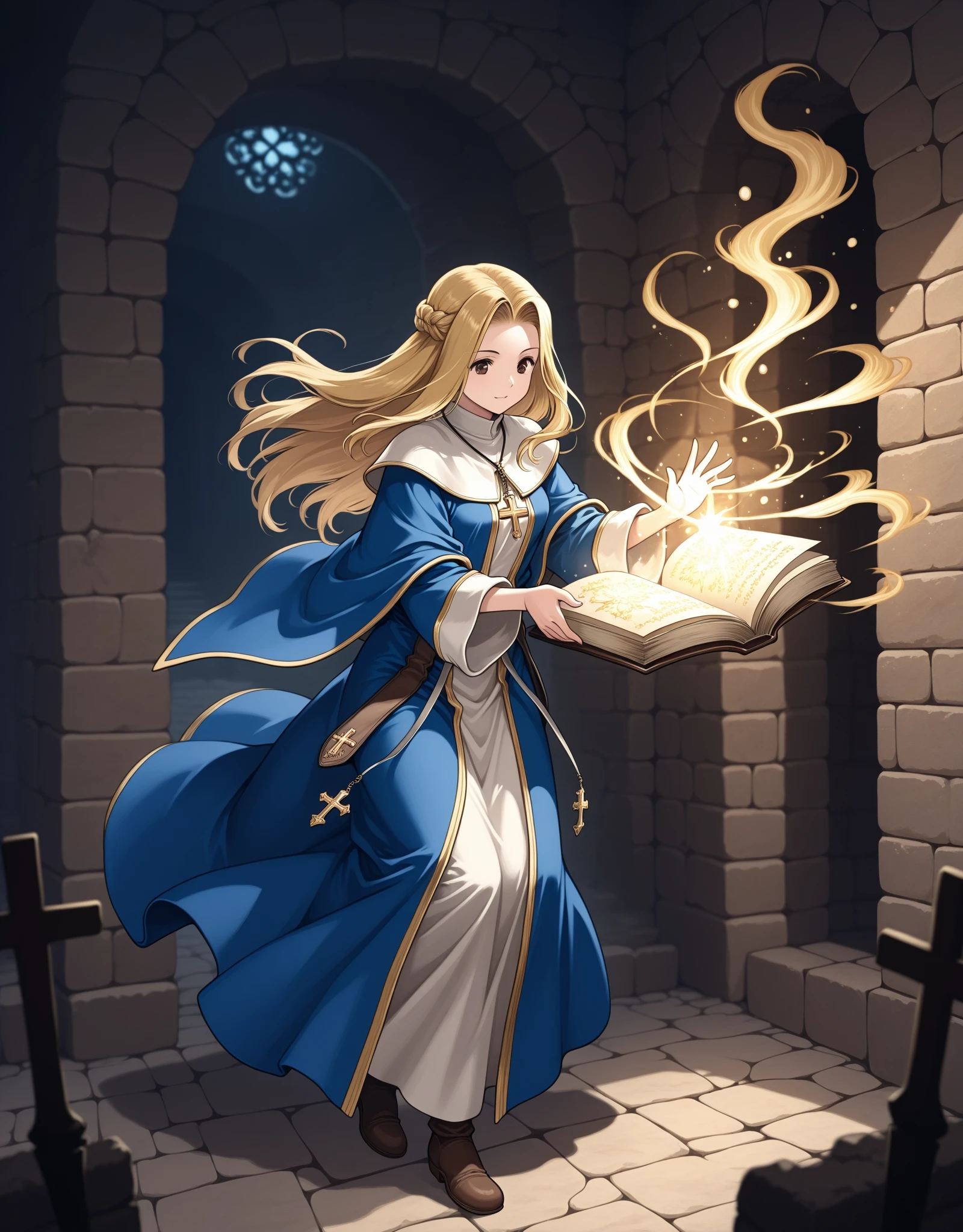 Tactics Ogre style,Medieval Fantasy Style、golden hair, priest,female wizard,healing magic,in a dynamic pose、nostalgia,『Sleepless nights』