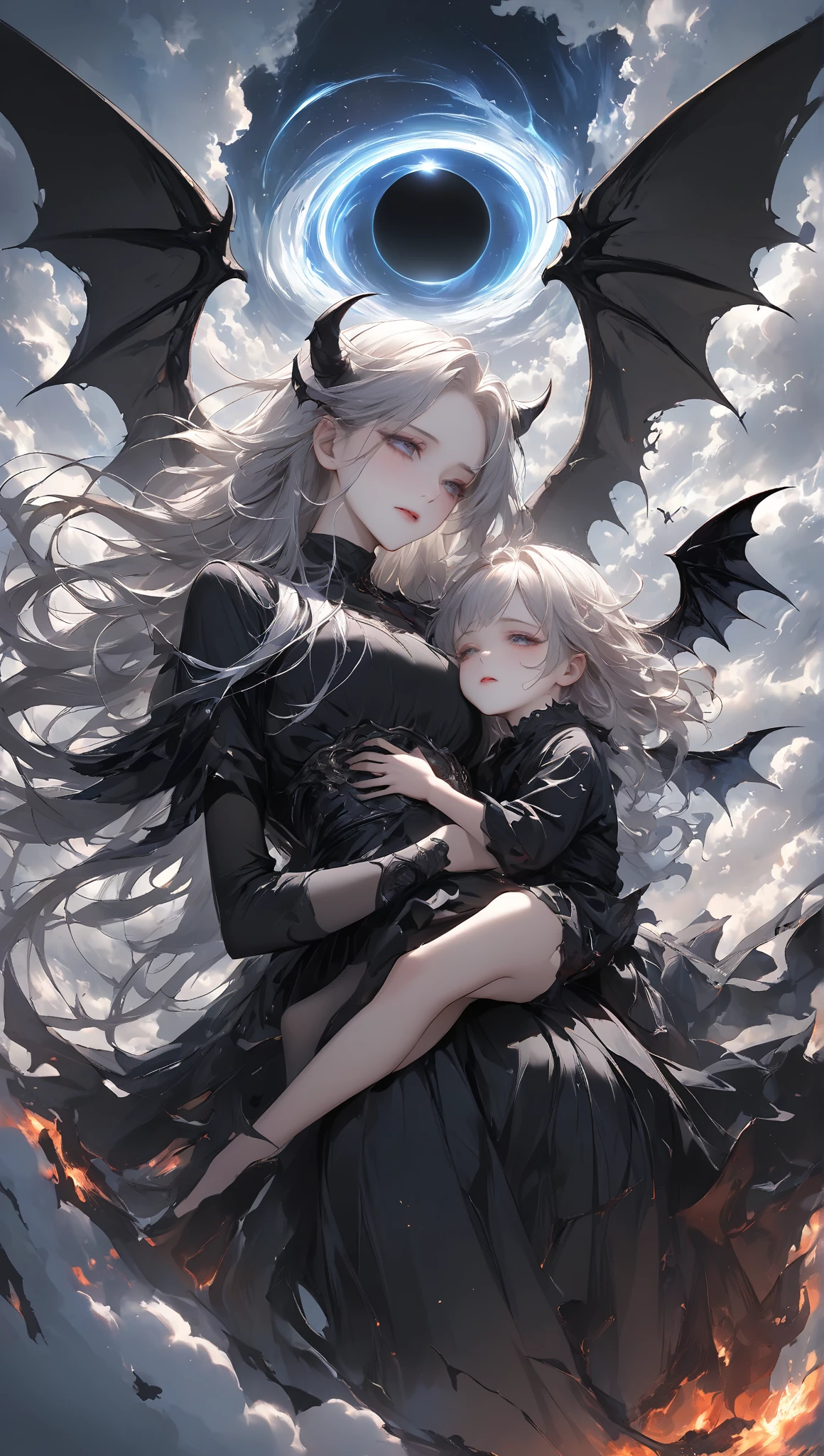 [[2images]] 1a full body image of the most attractive and gorgeous female demon her skin has the texture of porcelain, long black hair and eyes, holding a beautiful blonde hair baby boy, both are looking to the sky, sadness in their faces, grey sky. High quality, 8k, ultra high res, High contrast and low saturation, (???????-based character design).