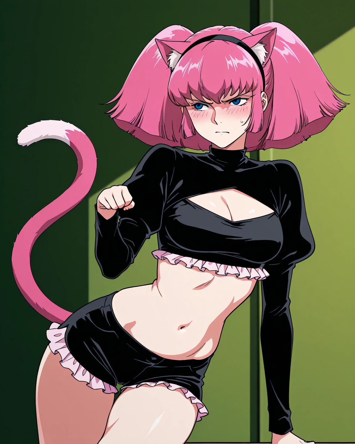 Ranma, cabello rojo, Cabello con trenza, ojos azules, ojos detallados, cuerpo completo, Cleavage Bulge, Sexy Attire, Cat Lingerie, orejas de gato, cola de gato,