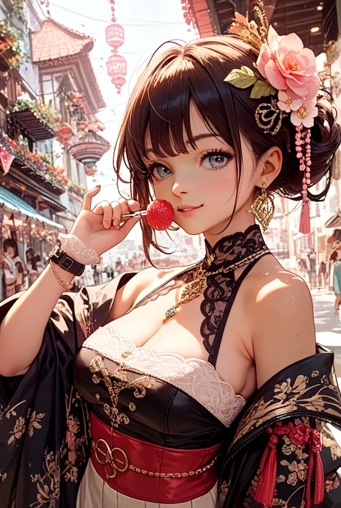 ((masterpiece, Highest quality)),Best aesthetics,One Girl, Heavy rain in Tokyo　Rainy city　Woman holding a pink floral umbrella　（Full body portrait）Looking up at the sky anxiously　Sexy Body　Clear Eyes　Round eyes　　office lady　Japanese women　Manga illustration　Beautiful and firm breasts　Beautiful E Cup Breasts　the body is slim　Highest quality　4K Chignon Hairstyle　Hair tied up　Medium Long Hair　（light brown brand）　hair ornaments　necklace　Black high heels　Seductive pose　garter belt　Earrings　Blue floral lace dress　Sensual beige stockings with floral print　　 (Attractive 30 year old Japanese widow,）　Stylish sneakers　flashy necklace　Finer details　Beautiful anime illustrations　Beautiful Face　alone　High resolution, One Girl, Highest quality, Attention to detail, Slightly parted lips　Seductive red lips　Professional, Vibrant colors, Perfect Anatomy, ideal facial features, Ideal Professional Portion Diagram, Perfectly beautiful body, Highly detailed skin, Glowing Skin, Glowing Skin, Cleavage, Captivating smile)),Miss Soapland　Mature Hot Body Anime Style, photograph, Attractive nail art　A sophisticated gravure idol　Young Sensual Gravure Idol　Gorgeous Japanese Model
