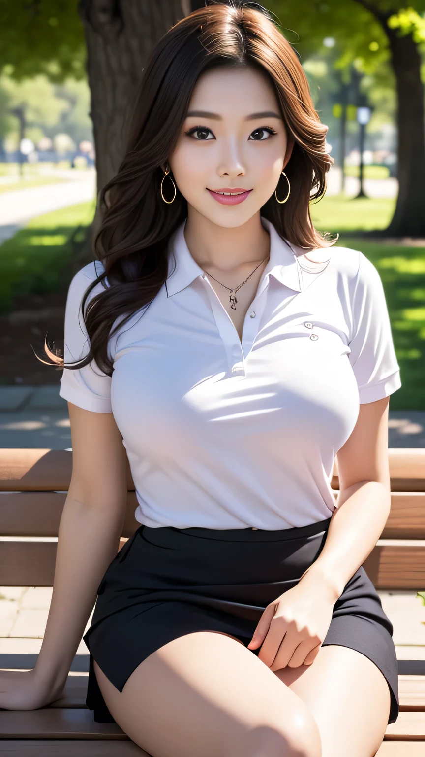 (One woman), Great face and eyes, blue eyes, Captivating smile, (Stunningly beautiful woman), (Highest quality:1.4), (Very detailedな), (Very detailed CG 統合 8k 壁紙), Very detailed, High-quality RAW color photos, Professional photography, Written boundary depth、Sexy pose、Luxury、(((Big Breasts、Reality)))、(((Polo shirt)))、mini skirt、Beautiful feet、height: 170cm、Slender beauty