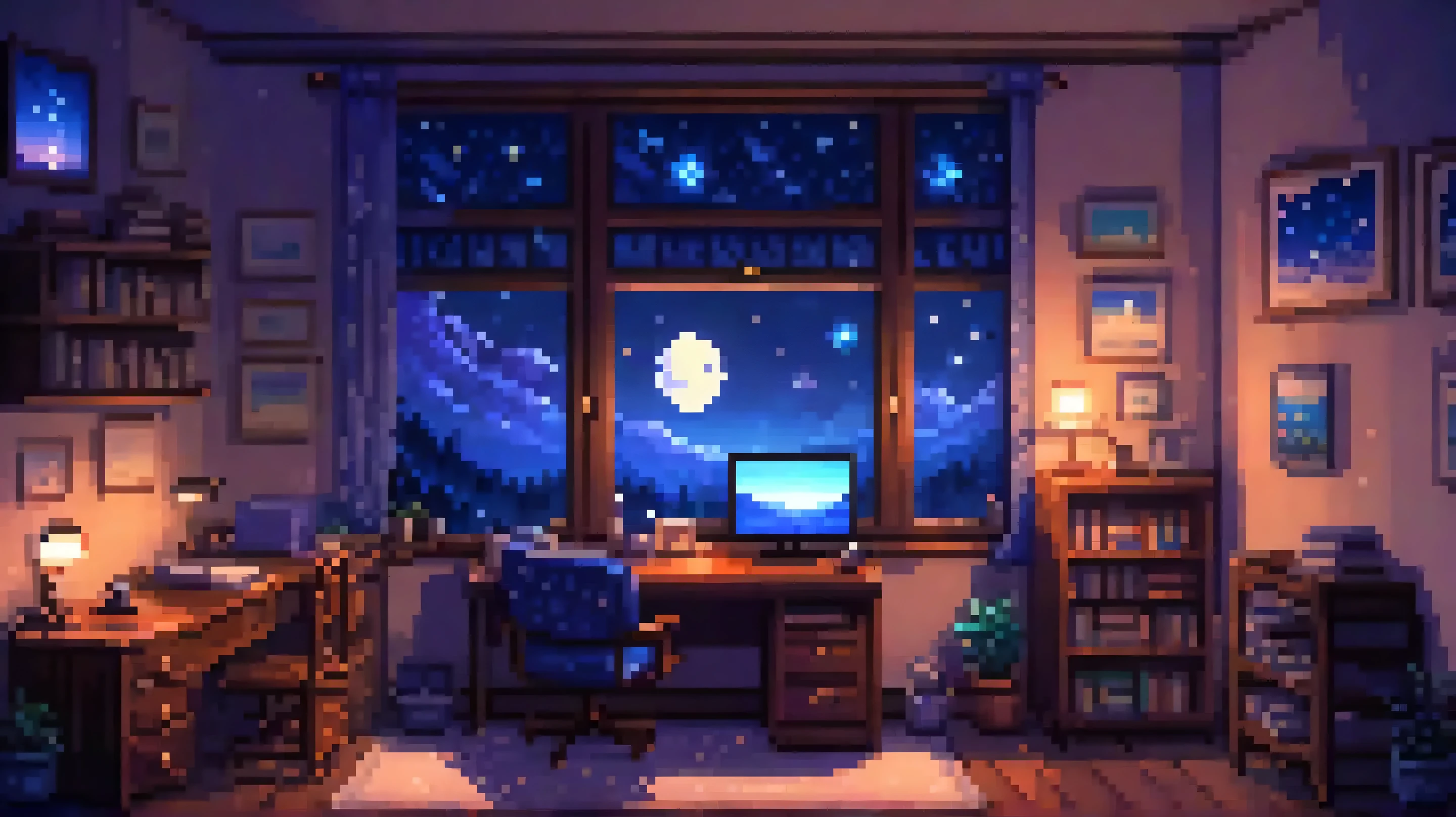 2D pixel art in retro video game style, 16 bit, A cozy small study desk at night, Facing an open window full of stars, A messy desk with a few books and a mug, A peaceful and calming atmosphere, blue night tones, no characters.