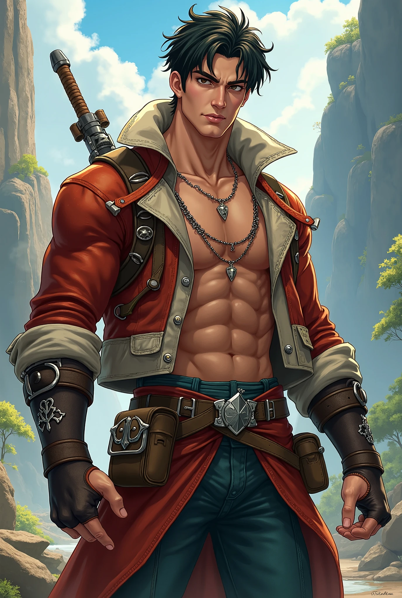 Adult male half-elf with short blue hair wearing shirtless pirate outfit full body