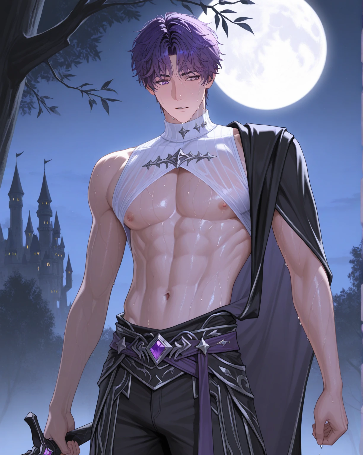absurdres, highres, ultra detailed, HDR, master piece, Gojou Satoru, white hair with bangs, white eyelashes, expressive blue eyes, black cape, black prince clothes, Jujutsu Kaisen, accessories, sexy man, handsome, best quality, fantasy, magical, solo, sensual, moon, purple sky, manly man, glittering, black gloves, castle, purple petals, demon, black horns, purple roses, adult face, mature man