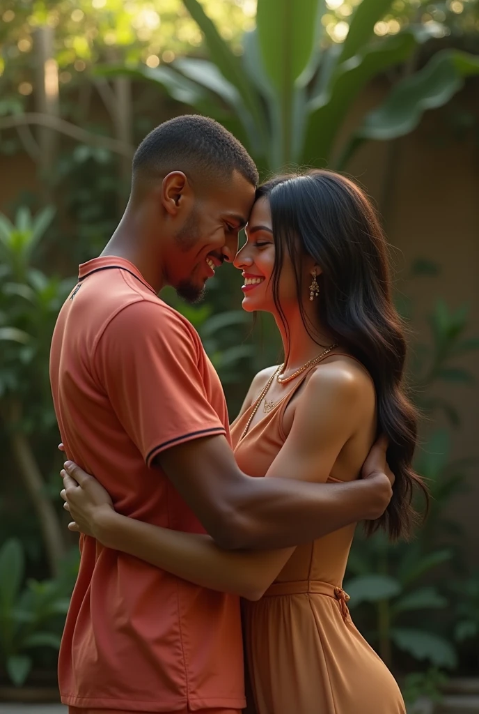 a couple together, (1female 1male), (all of body:2.2), (top view:0.6), ((couple is dancing Bachata:1.5)), face to face, eye gazing, dancing close, Dominican Republic Cuban dancers, her hair up, tight ballet bun:1.7,White Ginger in her hair, I take a photograph with my high quality Leica camera, deep shadows:1.9, film beauty, masterpiece:1.4, cinematic:1.6, exterior balcony, autumn colors:1.3, she's intimately close as he leads their Cuban dance, lush film, she's in shadow, he grabs around her waist, his hands above her butt, perfect hands, embracing each other, (the nape of her neck:1.4), foreplay:1.8, she's provocatively smiling, intimate embracing each other, perfect Bachata, Salsa dance form:1.2, close to this man, (he has curly brown hair:1.1,), (man has hairy, veiny muscular arms:1.3) , (woman wearing Flowy skirt or dress with spandex shorts underneath:1.1), (man wearing jeans or pants that are a regular-fit, dark dress shirt, ), sweat glistening:0.7, steamy, sun setting backlit: 1.7, gorgeous balcony with colorful flowers, White Mariposa and string lights:1.8, view from balcony beautiful, chimneys smoking, village, loving moment, of a a couple in love