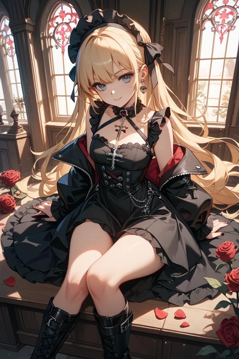 (masterpiece, high quality, detailed), 1girl, vampire girl, big poofy sandy-blonde hair, bright yellow eyes, hair drills, smug grin, (wearing slutty red dress), (plunging neckline), black fur trim, small beasts, petite, provocative, flowing cape, haunted castle interior, scattered rose petals, spooky, horror
