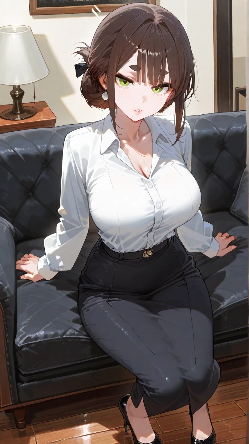 best quality, high resolution, from above, (looking away:1.2), kouhai-chan, 1girl, brown hair, blue eyes, long hair, 1mole under eye, huge breasts, black hair, bangs, skirt shirt, cleavage, collarbone, white shirt, pantyhose, indoors, high heels, pencil skirt, high-waist skirt, office, solo focus, cowboy shot, window, chair, sitting, low ponytail