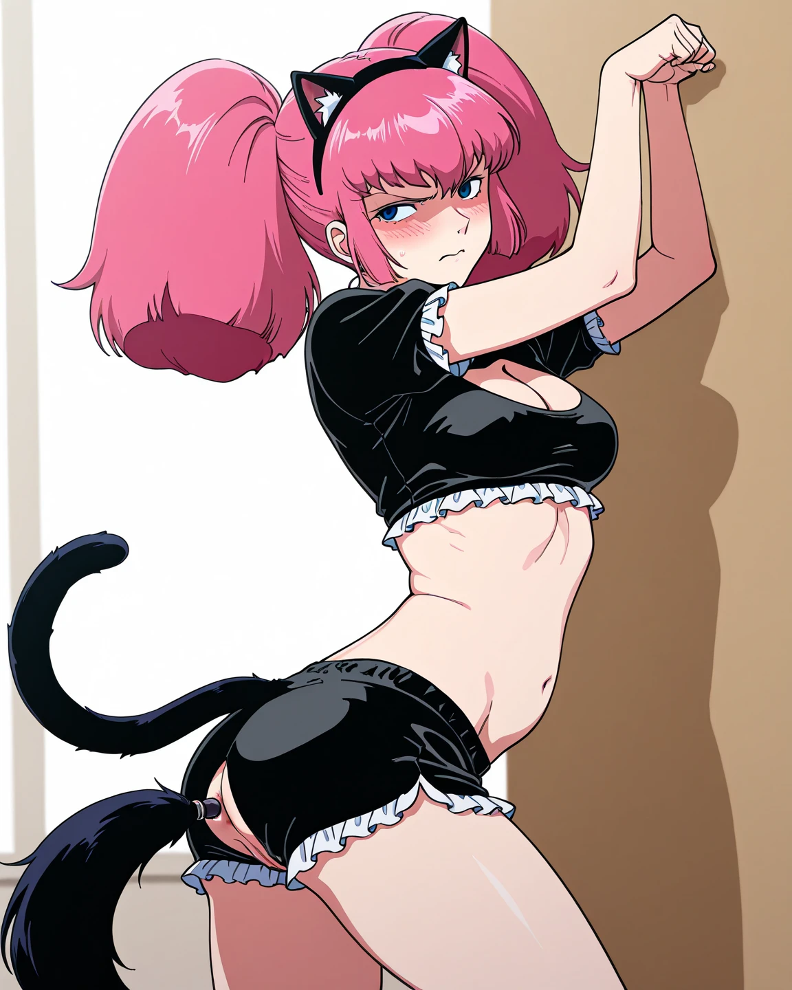 1girl, ((((furry)))), (((fur))), black and white cat, black and white fur, ((white fur)), black fur, cat ears, cat tail, paws, cat paws, cat, ((cat girl)), ass, ((ass)), ((curvy)), (((cute face))), long hair, bangs, black hair, pink hair strands, pink streaks, gorgeous purple eyes, big eyes, anime eyes, eyeliner, long lashes, soft and full lips, collar, microskirt, panties, crop top,