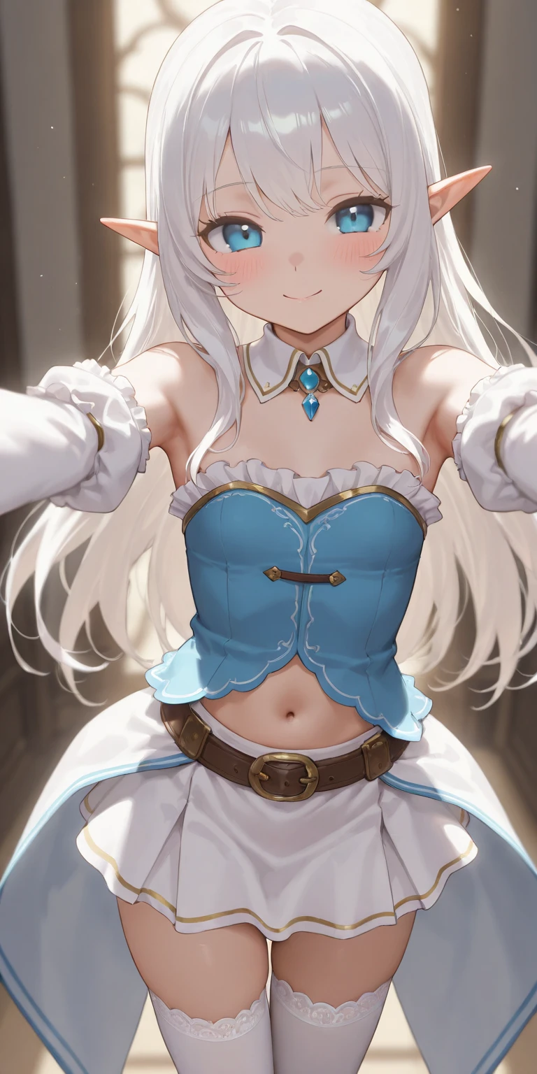 (masterpiece, best quality),  intricate details,
1girl,   <lora:hansarang:0.8> hansarang_demon , 1girl , solo, solo focus , long hair, white hair, hairband, thighhighs, large breast, blue eyes, very long hair, 
 <lora:FBKClothesV1:1> fbk-clothing,  white shirt, hood, black shorts, blue ribbon,  long sleeves,