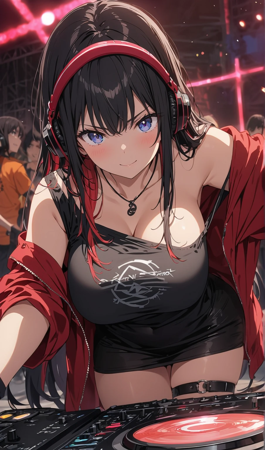 Highest quality、Highest quality、Masterpiece、girl((20-year-old、as soon as、Highest Bust、Medium Bust、Wide open chest、Red glowing eyes、Black Ear、Red Mesh、Disheveled Hair、Loincloth、thin、The best valley、Open chest、hair ornaments、Full body view、Completely naked、Random Pause、smile、Headphones embarrassed face))、high quality、Beautiful Art、background((Collapsing Ground、no gravity、Floating Object、shooting star、universe、comet))、Depth((Earth))、flight、Flying Debris、Depth of text、movie、Visual Arts、Perfect Art、8K、Genuine、Special Angles