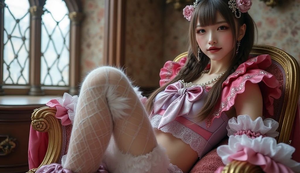 best quality, masterpiece, lifelike, 1 girl, alone, eternal, black hair, Long curly hair, blunt bangs, Smile, pink skirt, pink lolita dress, layered skirt, Lolita style long skirt,分層連衣裙 lace-trimmed 裙子, decorate, lace, long sleeve, puff sleeves, wide sleeves, Transparent sleeves, hair accessories, 在flower园里, flower, Detailed background,  delicate face，pink blush，White knee-length socks, Pink shoes，cold，Lots of lace，((​masterpiece))、(top quality)、8K、high detail、super detailed、 21 years old female，穿着pink lolita dress((dreamy atmosphere:1.1))、Seductive and whimsical style、​masterpiece、born、Scenes resembling fairy tale illustrations、Intricate details showcase the ruffles and intricate designs of the Lolita dress、magic、capricious、 beautifully、Dream aesthetics、「𝓡𝓸𝓶𝓪𝓷𝓽𝓲𝓬、ethereal、charming、fickle、magic」、realism、Visual effect、FXAA、SSAO、shader、voiceless、ambient lighting、Tone mapping、High resolution、ultra high definition、megapixel、(8K resolution:1.10)、8K、8K resolution、high detail、intricate details、 (high quality:1.2、​masterpiece:1.2、:1.21)、(21 years old female:1.21)、(興奮地Smile)、(Surrounded by the dreamy atmosphere of an amusement par色洛丽塔连衣裙、Her eyes were full of surprise and joy、I took a lot of geek photos、High heel、Model diagram，full-body shot，Knee-high 白色的 lace socks,Sweet Lolita，Normal 2 feet，Pink shoes，Baotou shoes，full-body shot，Don't show your fingers，Emphasize the volume of the skirt，exposed，huge breasts，White panties,The skirt flew up，spread your legs，low cut，Expose panties，Puffy Skirt，hair accessories，big skirt dress