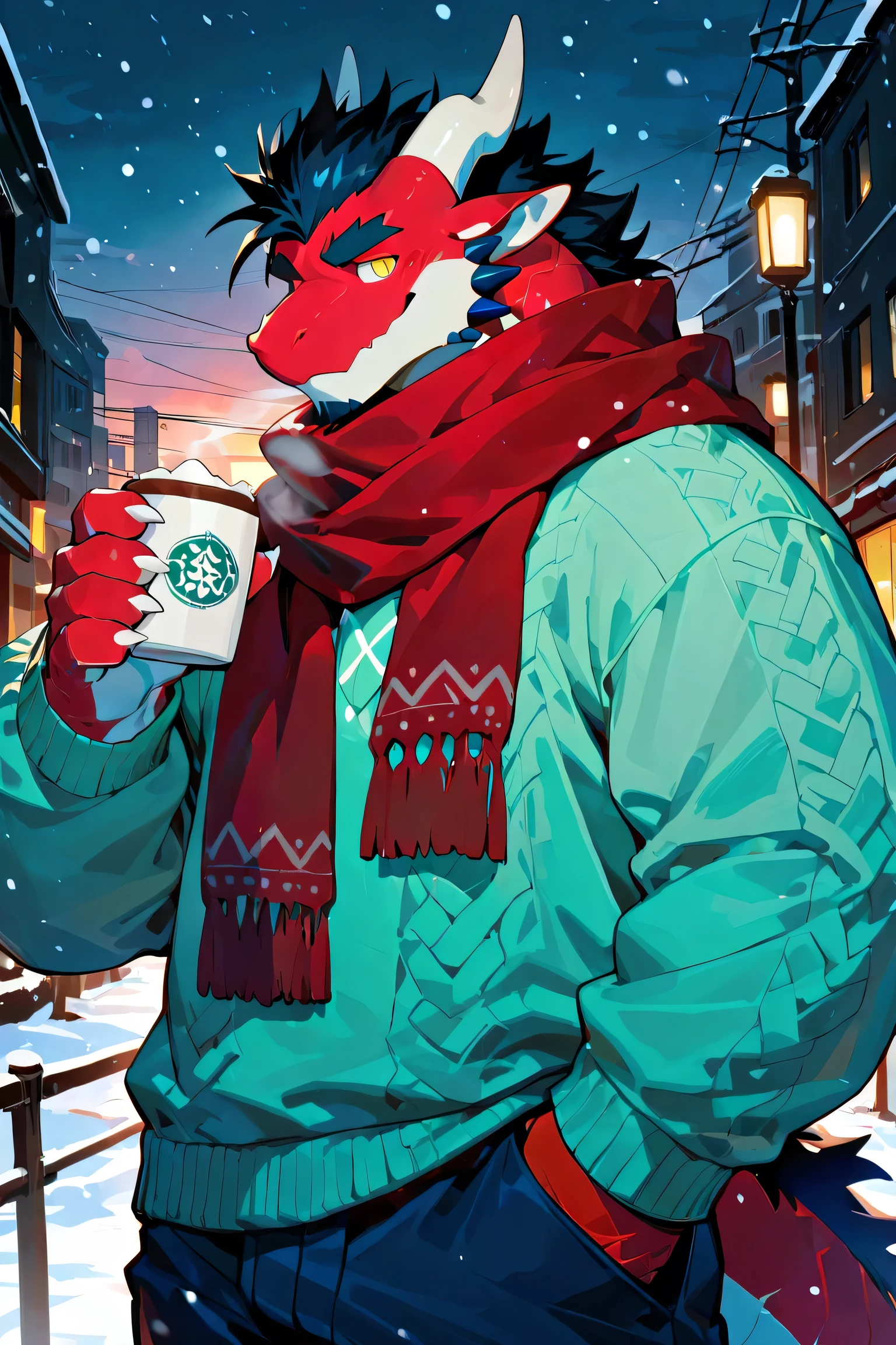 (zixiong:0.5), (null-ghost:0.3), (sollyz:0.6), (takemoto arashi:0.8), makoto shinkai style, anime style, japanese anime, very awa, masterpiece, best quality, year 2024, highres, absurdres, (kemono, bara), 1male, solo, dragon, red dragon, anthro, anthro dragon, muscular male, strong build, black mane, (white horns:1.2), (jade-like horns:1.2), (white chest:1.1), white belly, (golden eyes:1.3), dragon ears, beast hands, claws, five fingers, (light green sweater:1.2), (dark blue pants:1.2), (light red scarf:1.2), hand in pocket, (holding hot cocoa:1.3), steaming cup, winter, evening, winter street, snowy street, sunset lighting, warm colors against cold background, cozy atmosphere, city lights, soft snowfall, winter clothing