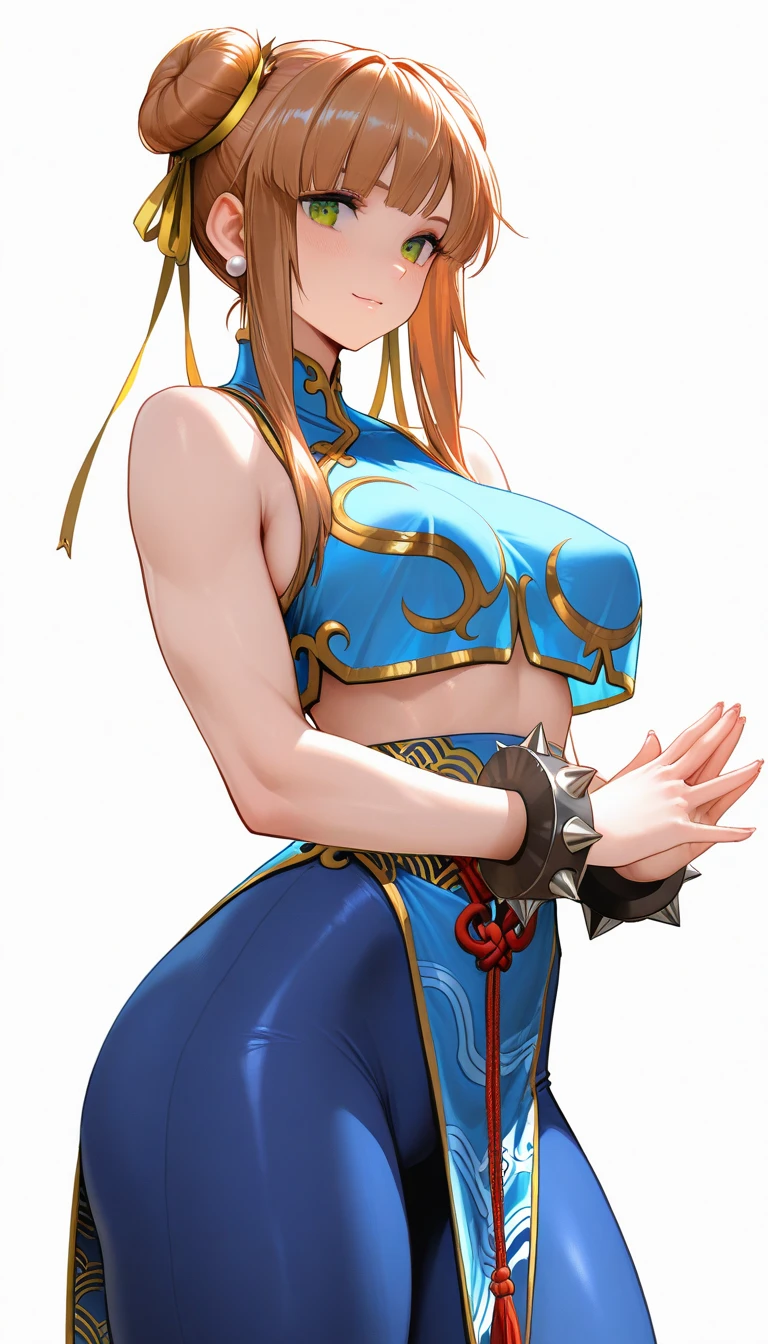lyndis, huge_breasts, standing, solo, Blue_dress_side_slit_Pelvic_curtain_Sash_Short_sleeves_Belt_Blue_armor_Fur_trim,, masterpiece, best quality, detailed face, detailed eyes, highres, ((Tight leotard)), ((sexy pose)), ((Wrestling ring))