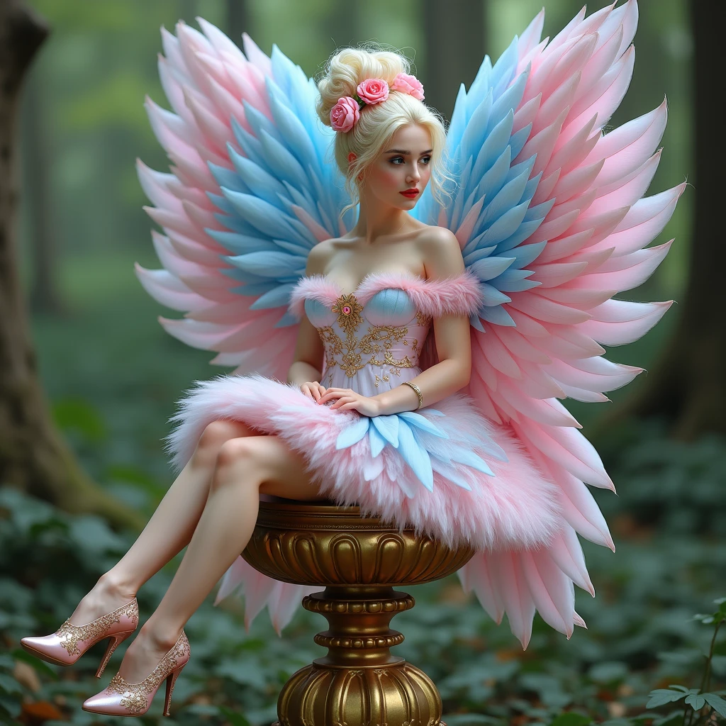 Ultra detailed realistic , hd 8k quality, collage woman, Realistic character,full body, coiffed golden blonde hair, pink red skin color, realistic face textured, detailed Blue eyes, small breast, Alone, modern, pink red golden dress , pink red lipstick, ultra detailed wite golden pink hair deep realistic forest field, smooth golden sunlight, overall image full detailed, deep detailing, wings with angel golden neon ring on head (don't make naked),wearing pink red golden full dress.