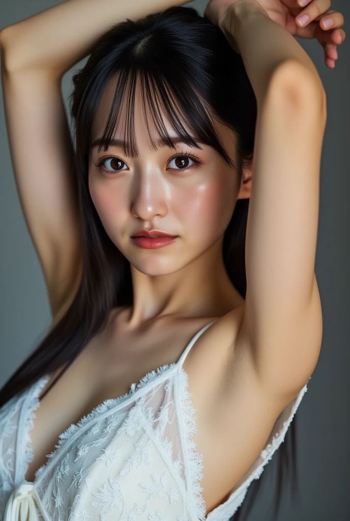 A crowded train on the way to work, Beautiful 24 year old Japanese woman, She has the prettiest face, A wan wearing nothing is standing holding a suspension strap, Her armpits are visible, Private area is shaved, She looks shy, Photo realistic, ultra high resolution, 8K, masterpiece