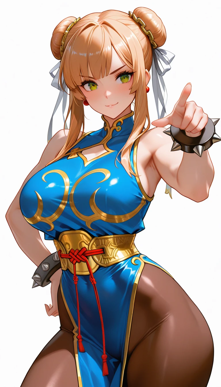 masterpiece,best quality,extreme detail,8k,cammyfn, 1girl, solo, Cammy, long hair, breasts, blue eyes,brown blonde hair, large breasts, gloves, red hat, braid, ahoge, twin braids, leotard, lips, makeup, beret, scar, antenna hair, nose, harness, huge ahoge, green leotard,sleeveless, sweaty,sweat, exhausted,sleeveless,cross eye, full body , 1girl, (solo:1.2), (jumping:1.3), (mid air:1.3), (cowboy shot:1.5), smile, happy, (masterpiece:1.3), (best quality:1.3), (perfect anatomy:1.4), highly detailed, chun li, brown eyes, short hair, double bun, bun cover, blue dress, pelvic curtain, spiked bracelet, sash, brown pantyhose, (post fight scenery:1.3), rubble, outside, daylight, nyantcha, expressive faces, anime-inspired, (cell shading:1.2), lips, merging, merged clothes