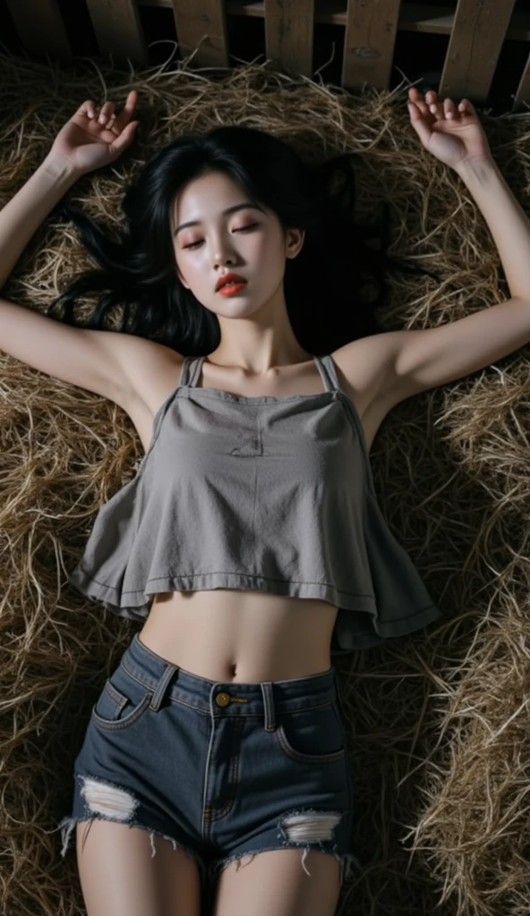 asian girl laying unconscious in ally, wearing torn red mini skirt