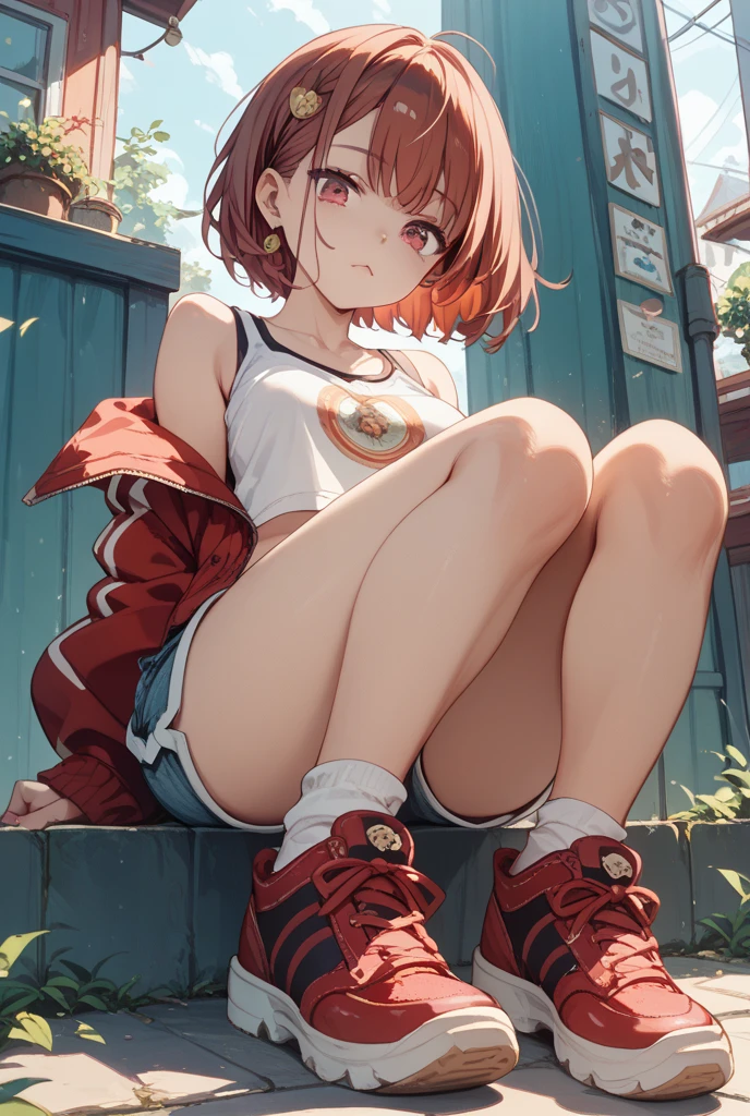 Beautiful girl with short red hair、Shoulders are visible、Ragged hair、a miniskirt、Visible fangs、red eyes、Sit-in、Panties are visible、Street、Camisole、Wearing red sneakers、