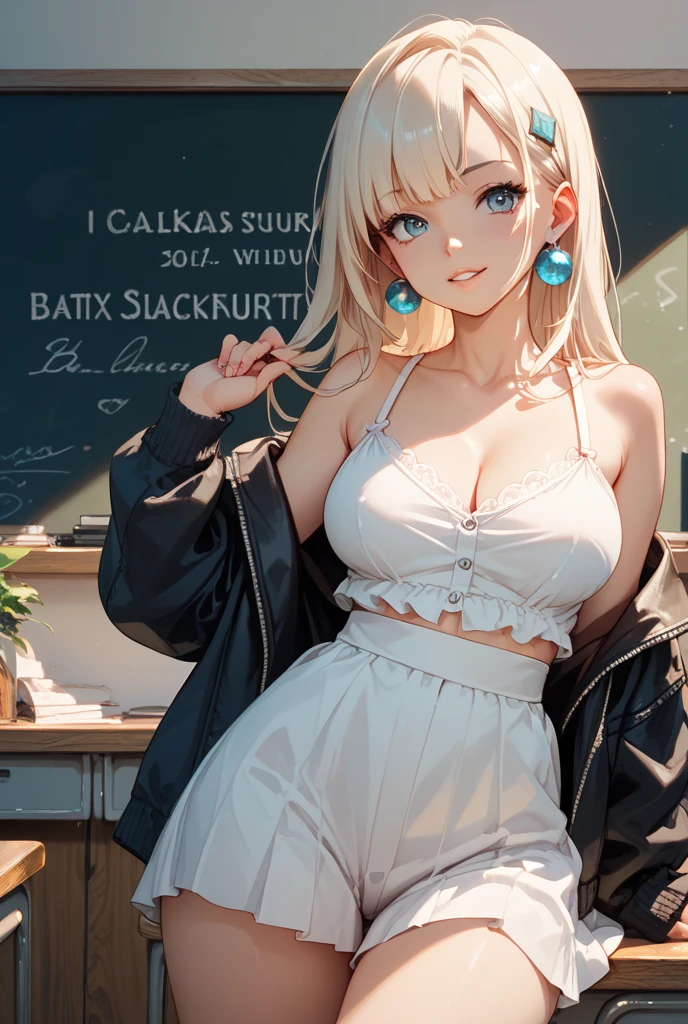 (masterpiece:1.2), (Military uniform magazine cover:1.4),best quality,PIXIV,Sweet girl , sexy posture,1girl, (perky chest:1.2), rolling upskirt by wind:1.6, (with sparkling eyes and a contagious smile),open mouth, (pointed chest:1.2),fishnets, black hair, boots, long hair, black nails, skirt, shirt, black footwear, bag, black skirt, jewelry, jacket, thigh strap, bangs, necktie, earrings, nail polish, multicolored hair, looking at viewer, full body, bottle, own hands together, belt, jacket on shoulders, food, cats on head, ring, choker, english text, collared shirt, blue eyes, hat, lace-up boots ,masterpiece、highest quality、Very detailed、An illustration、Beautiful fine details、One Girl、cute、Detailed landscape、Training Room Background:1.4、Platinum Blonde Hair、Braided Ponytail、Red camisole、((c cup breasts, Tank top showing underboob:1.4))