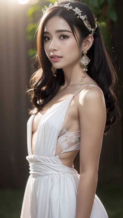 beautiful girl, extremely cute;
Age from 18-20 years old;
ivory white, rosy, flawless, shiny skin;
Her hair is red, smooth, shimmering under the bright sunlight;
Amorous eyes, extremely detailed, sexy, clear;
Perfectly beautiful eyelids, double eyelids;
curved, sparse, sharp eyebrows;
extremely beautiful face, light makeup, perfectly proportioned, beautiful in every detail, ((focus on the face));
pretty, tall, beautiful nose;
seductive lips, use light pink, glossy lipstick;
radiant smile, beautiful white teeth;
The girl's body is full of youth, her clothes are tight;
Girls wear accessories of necklaces, earrings, bracelets, pearls, diamonds, gold and silver, gemstones, emeralds, lapis lazuli, necklaces, earrings, belts;
firm breasts and nipples, tight bra, deep cleavage, high nipples;
plump buttocks, tight underwear;
mesh silk bra, shiny metallic thread;
((silk underwear, smooth white, extremely thin));
Masterpiece of non-NSFW photo quality, 8K CG HD, sharp, super beautiful graphics, professional, detailed, brilliant colors, advanced techniques, true RAW, high resolution, ((focus into underwear));
The light is intricately colored, using black and gold rays;
The sunlight sparkled, illuminating the girl's body and hair;
The background has a beautiful, lively flower garden;
Film art style, colorful, visually appealing;
((Girl standing in front of the ancient castle yard, many large statues and ancient towers create a super magical atmosphere));