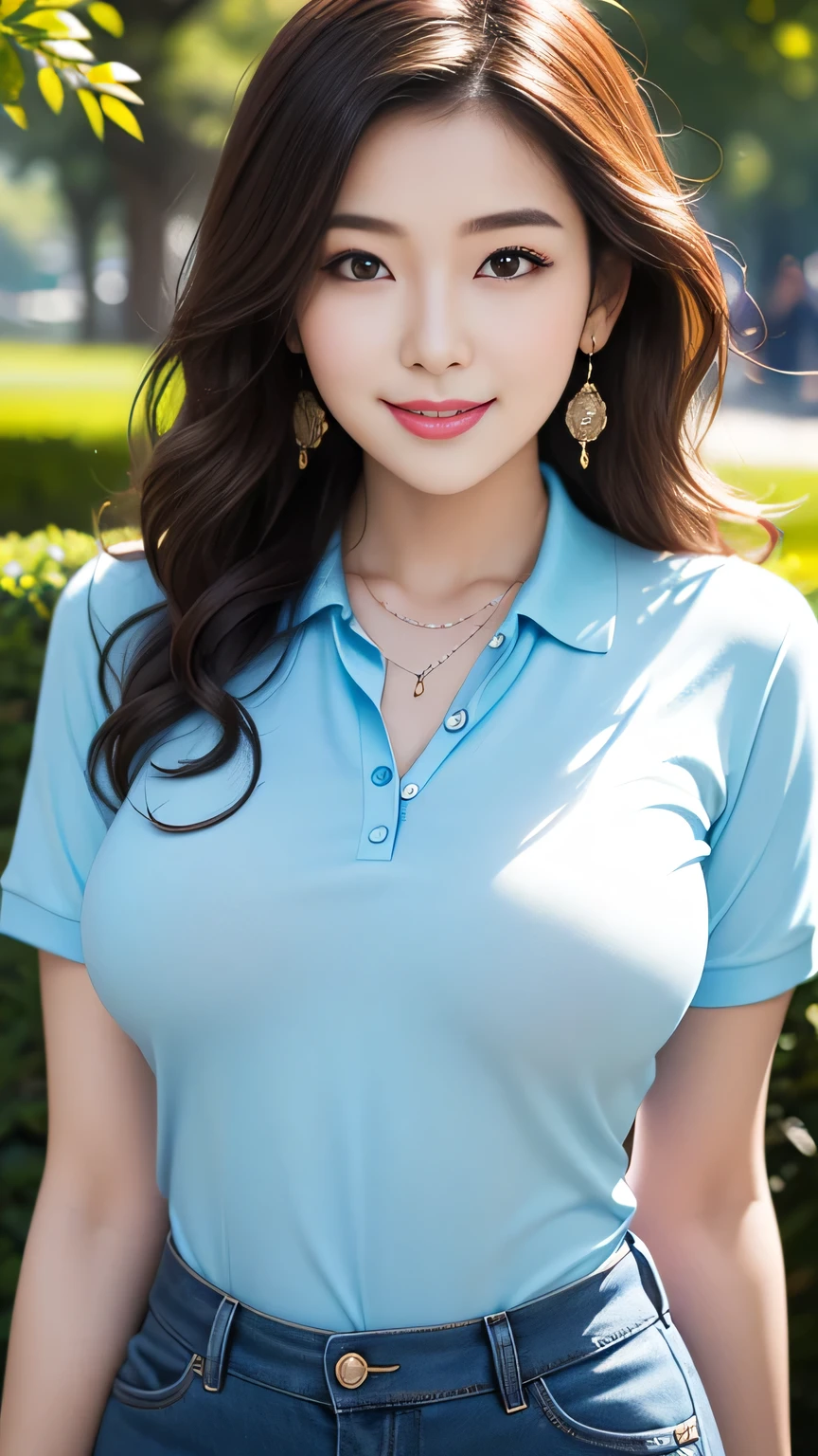 (One woman), Great face and eyes, blue eyes, Captivating smile, (Stunningly beautiful woman), (Highest quality:1.4), (Very detailedな), (Very detailed CG 統合 8k 壁紙), Very detailed, High-quality RAW color photos, Professional photography, Written boundary depth、Sexy pose、Luxury、(((Big Breasts、Reality)))、(((Polo shirt)))、mini skirt、Beautiful feet、height: 170cm、Slender beauty,(Beautiful limbs,Beautiful fingers:1.5)