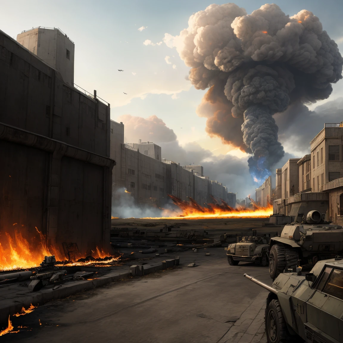 Post-apocalyptic scenario ,realista , highes definition , weapons destroyed on the ground , smoke billowing , a noite chovendo , escombros realistas fogo no horizonte distante ambiente que reflete terror